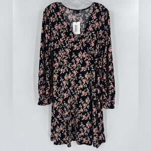 black floral long-sleeve dress with a v-neckline, Muse Petite